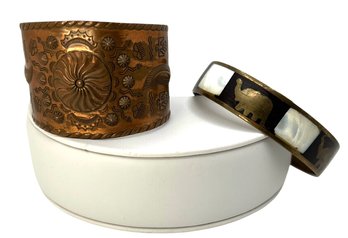Lot 403CN - Elephant With Mother Of Pearl - Copper With Native American Symbol Cuff Bracelets - Lot Of 2
