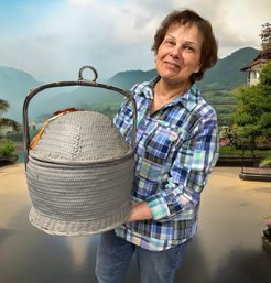 Lot 62RR-antique Asian Chinese Wedding Basket With Jade Pendant Amber Glass Bangle