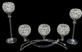 Lot 402- Beautiful Silver Metal With Crystals Candle Set Of 3 - Centerpiece Decor