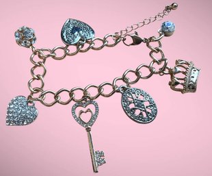 Lot 31LC- Fun! Costume Charm Bracelet - Key - Hearts - Crown - Rhinestones - 10 Inches