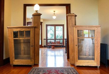 Lot 13- Rare! Antique Oak Room Dividers With Glass Door Cabinets & Lamps On Top - 2 Room Entrance Decor