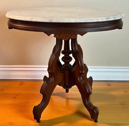 Lot 19- Victorian 1880s Antique Oval Side Parlor Carved Table With Marble Top