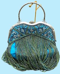 Lot 60LO- Stunning! Purple, Aqua & Green Seed Beaded Evening Purse Bag - Top Closure With Shell - J & X NY