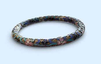 Lot 414LC - Mid Century Asian Cloisonne Enamel Floral Bangle Bracelet Pink White Blue Aqua - Brass Swirl Motif