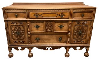 Lot 1- Gorgeous! Solid Oak Antique Carved Sideboard Buffet Cabinet - Nice Furniture!