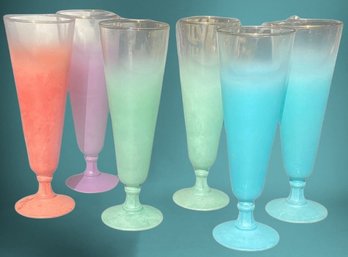 Lot 730NM - 6 Vintage Blendo 8 Fl.oz Pilsners/Parfait Footed Glasses Frosted 8' MCM