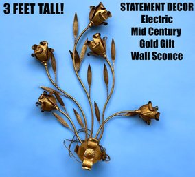 Lot 491- ELECTRIC MCM Mid Century Gold Gilt Hollywood Regency Floral Wall Sconce - IT LIGHTS UP - Tested