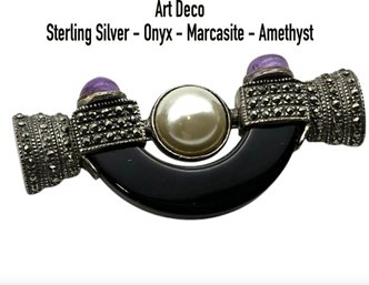 Lot 211DD- Sterling Silver - Onyx - Marcasite - Amethyst Art Deco Antique Brooch Pin