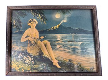 Lot 49- 1930s Hawaiian Hula Girl Playing Ukulele- Volcano - Pin Up - Antique Art Litho In Rustic Wood Frame