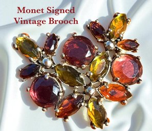 Lot 402LC - Monet Signed Green / Purple / Orange Rhinestone Brooch - Vintage Estate Jewelry - Pin