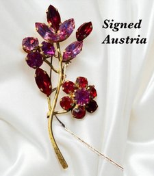 Lot 404LC - Austria Signed Rhinestone Vintage Red And Pink With Gold Tone Brooch Of Flower And Leaves