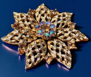 Lot 420LC - Statement Vintage Flower Brooch Pin With Gold Weave Texture Amber Crystals Rhinestones
