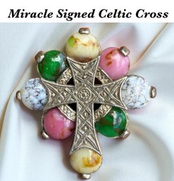 Lot 432LC - Miracle Signed Celtic Cross Scottish Silvertone Colorful Agate Stones - Vintage Estate Jewelry