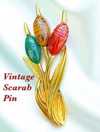 Lot 437LC - UNIQUE! Vintage Estate Jewelry - Scarab Cattails Cat Eye Tails Pin Brooch - Naturalist