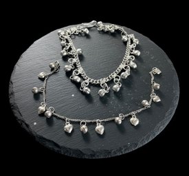 Lot 422LC - Jingle Jingle! Two Belly Dancer Chime Silvertone Bells Balls & Hearts - Boho Ethnic Style Anklet
