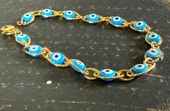 Lot 424LC - Great Gift! Vintage Blue Evil Eye - Gold Tone Bracelet - Keep Negative Energy At Bay