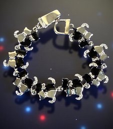 Lot 433LC - Cat Lovers! Meoooowwww - Magnetic Closure Clasp Black & White Enamel Crystal Rhinestones Bracelet