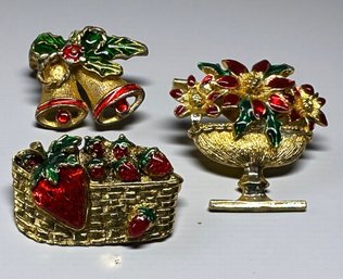 Lot 398LC - 3 Goldtone And Enamel Painted Christmas Poinsettia, Bells And Strawberries