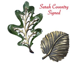 Lot 415LC - 2 Leaves 1 Signed By Sarah Coventry - Green Enamel Oak Leaf - Gold Tone Brooches