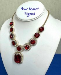 Lot 375LC - Monet - New Old Stock - Beautiful Chunky Red Crystal And Goldtone Necklace