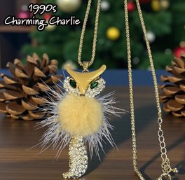 Lot 312LC - Charming Charlie! 1990s Furry Fluff Fox - Emerald Green Eyes Crystal Goldtone Pendant - Long Chain