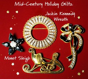 Lot 346LC - Monet Gold Tone Sleigh Brooch - Elegant Black - Crystal Rhinestone Wreath - Black Stone Star Pin