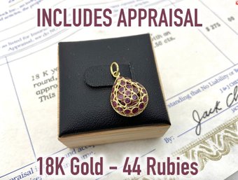 Lot 31DD- 18K Gold Tear Drop Pendant With 44 Round Faceted Genuine Rubies INC. Appraisal - WE SHIP!
