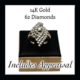 Lot 40DD- 14K Gold Diamond Cocktail Ring Size 6 1/4 -1 Ct. -Appraisal Included - WE SHIP! (1 Diamond Missing)