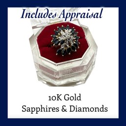 Lot 41DD- 10K Gold With Sapphires & Diamonds Cocktail Ring Size 6 1/4 - Includes Appraisal - WE SHIP!