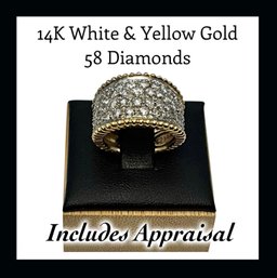 Lot 42DD- 14K White - Yellow Gold - Diamond Anniversary - 58 Diamonds - 2 Ct - Ring Size 7 - Inc. Appraisal