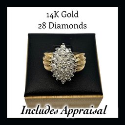 Lot 43DD- 14K Gold & Diamond - 1 Ct. - 28 Diamonds - Cocktail Ring Size 6 - INC. Certified Appraisal WE SHIP!