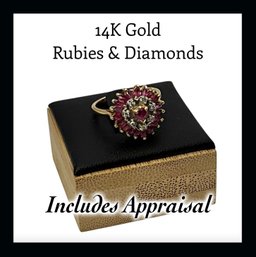 Lot 44DD- 14K Gold Center Heart Rubies & Diamonds Ring Size 7 - Includes Appraisal - WE SHIP!