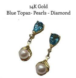 Lot 57JT- Gorgeous! 14K Gold With Blue Topaz - Pearls - Diamonds Diamond Earrings