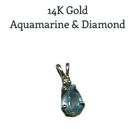 Lot 55JT- 14K Gold With Aquamarine & Diamond Pendant - Tested