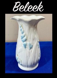 Lot 272 - 1980s Vintage Beleek Blue Harebell Gold Rimmed Flower Vase From Ireland - Scallop Edge