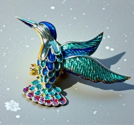 Lot 410LC - LARGE Statement  Enamel In Flight Humming Bird Brooch - Vintage Jewelry - Pins - Green Blue Red