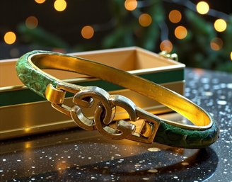 Lot 417LC - Casini & Gori Bangle Bracelet - Italy - Green Snakeskin Vintage Jewelry