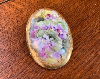 Lot 2LO- Antique Victorian Hand Painted Oval Porcelain Brooch With Violet Flowers