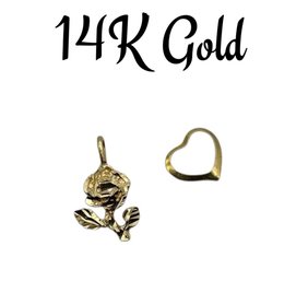 Lot 37LO- 14K Gold Rose Pendant And Heart Slide For Necklace - Weight In Photos