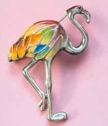 Lot 483LC - Colorful Flamingo Silvertone Enamelware Enamel Vintage Brooch