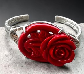 Lot 2SES- Silver Costume With Red Flower Rose Bracelet - Beautiful Quality Jewelry From Florence, Italy!