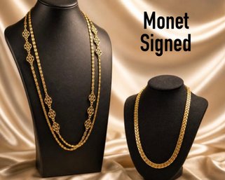 Lot 800LC - Two Signed Monet Costume Gold Necklaces One Heavy V-shaped Chevron Links Or Wheat Chain