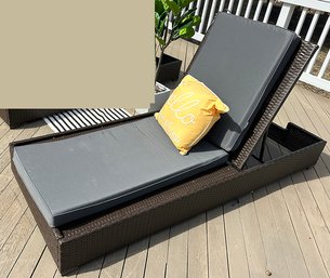 Lot 34- Large Patio Outdoor Brown Laminate Wicker Chaise Lounge Chair With Cushions