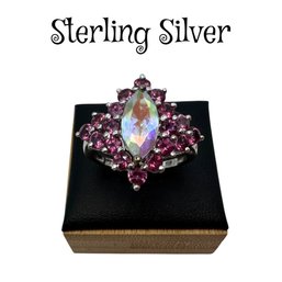 Lot 3SES- Sterling Silver Statement Ring With Pink Stones And Top Crystal Size 9