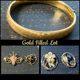 Lot 426LC - 12K GF Gold Filled Lot - Bangle Bracelet - 4 Brooches - 1 Van Dell Pendant / Pin- Vintage Jewelry