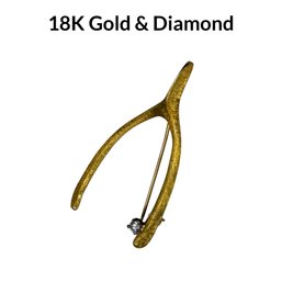 Lot 31WA- 18K Gold Wishbone Brooch - With Diamond - Tested - Weight In Photos - Vintage Estate Jewelry
