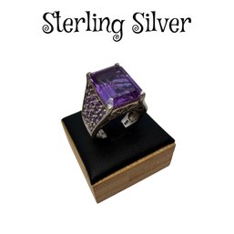 Lot 7SES- WOW! Sterling Silver Statement Ring With Purple Stones Size 8