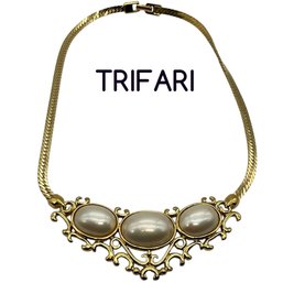 Lot 21SES- TRIFARI Signed Costume Gold Necklace With 3 Pearl Cabochons- Vintage Jewelry