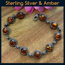 Lot 411LC- Sterling Silver 925 And Amber Cabochons Bracelet- Vintage Jewelry