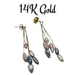 Lot 35LO- 14K Gold Dangling Pastel Pearl Earrings - Vintage Jewelry - Really Nice!